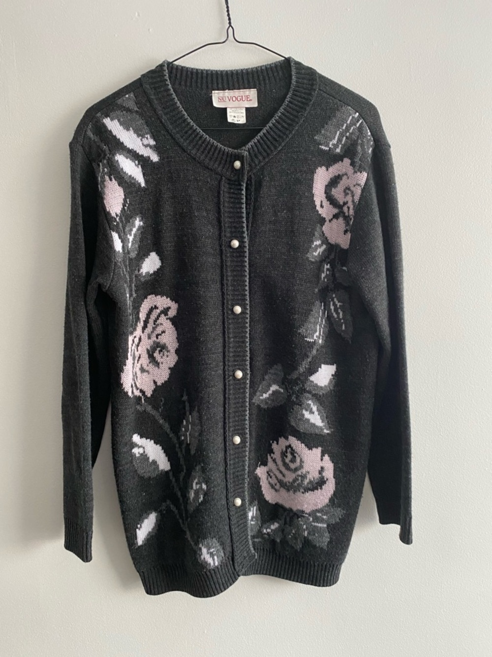 Vintage Black Cardigan with Pink Rose Intarsia and Pearl Buttons